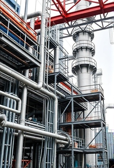 Industrial refinery facility with steel pipe systems and structural framework