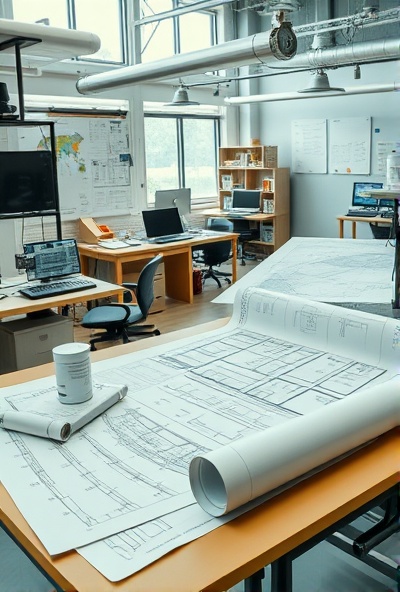 Technical workspace with engineering plans and project documentation