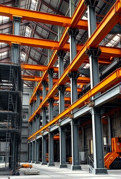 Professional industrial steel construction site with heavy steel beams and structural elements assembly