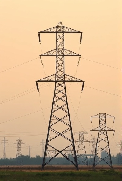 Electric transmission tower and high voltage power lines infrastructure
