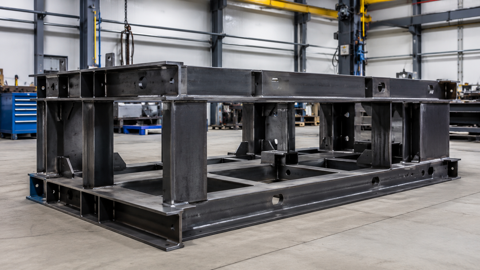 Custom fabricated steel machine frame and welded industrial equipment