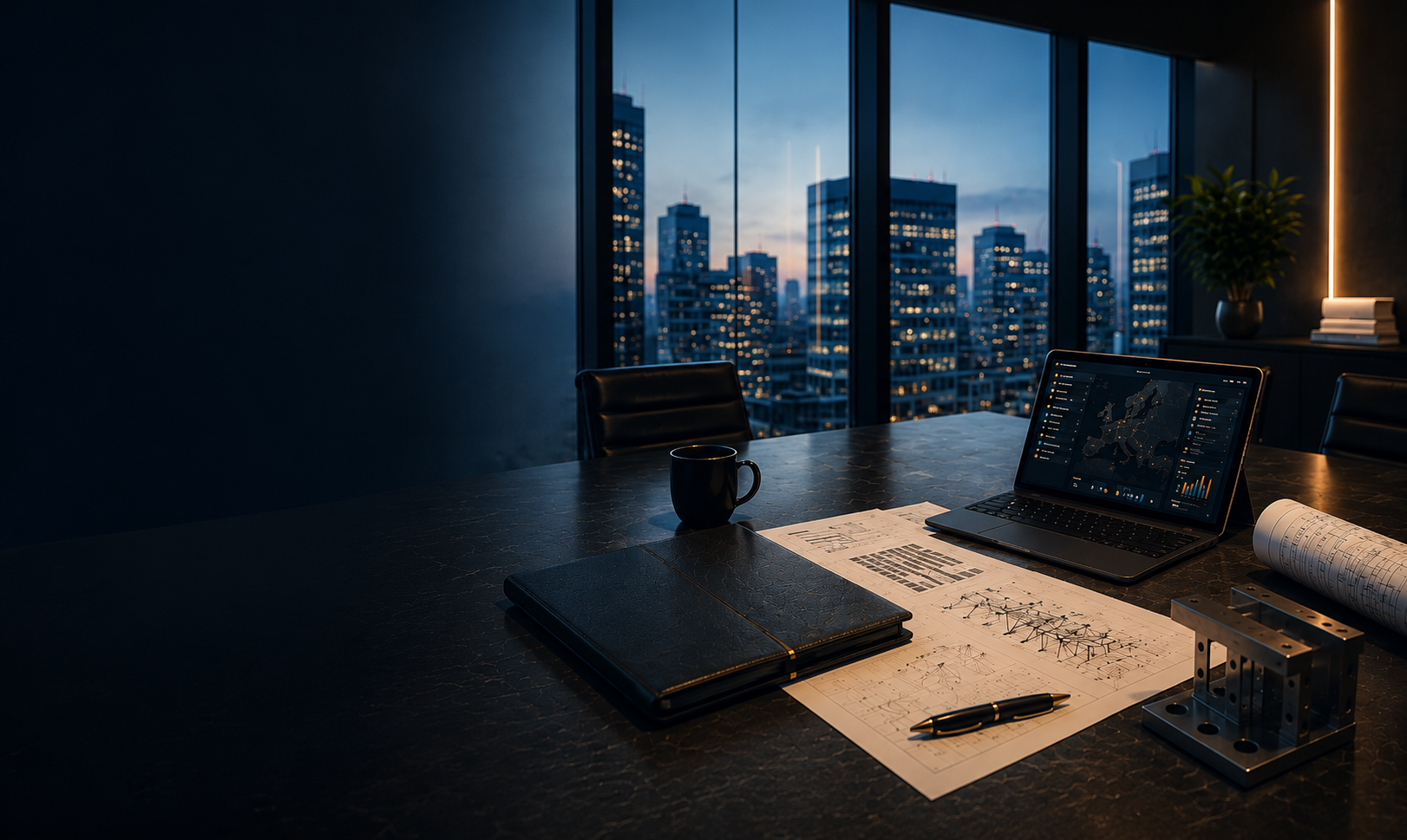 Premium office background with technical coordination desk and metal components