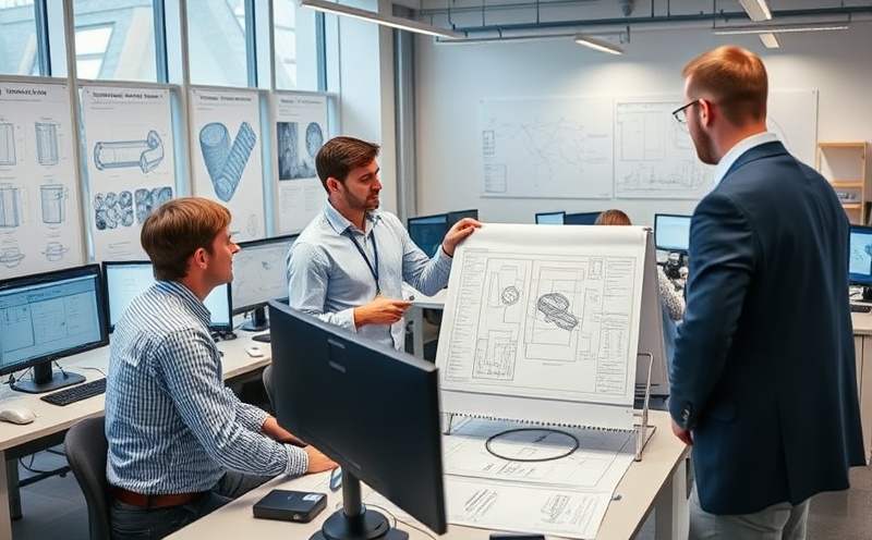 Professional engineering office showing technical meeting with engineers reviewing blueprints