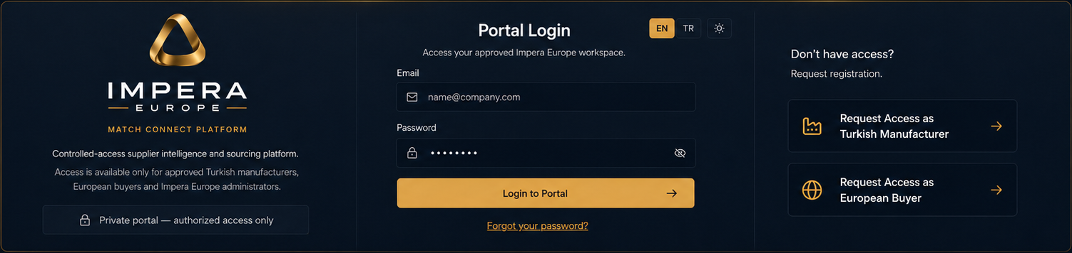 Impera Europe Portal Login panel with Match Connect Platform, login area and access request options
