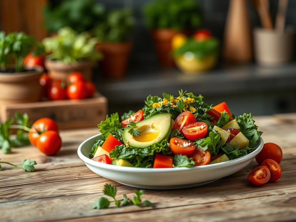 Create a realistic high-resolution photo that embodies the theme "The Power of Culinary Medicine." The composition should feature a single, beautifully arranged dish prominently displayed on a rustic wooden table. The dish should be a vibrant, colorful salad made with fresh, organic vegetables like kale, tomatoes, bell peppers, and avocados, artfully garnished with herbs and a drizzle of olive oil. 

The focus should be on the salad, capturing the textures and colors in vivid detail to highlight the nutriti