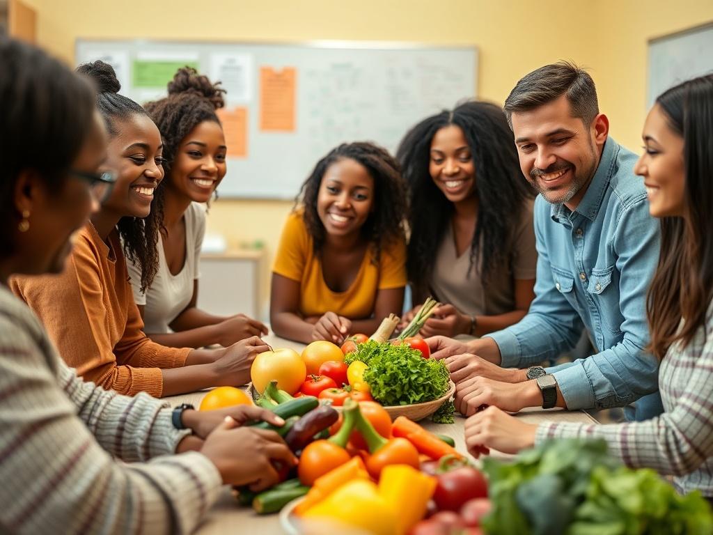 A close-up shot of a diverse group of people engaged in a nutrition education workshop, smiling and interacting around a table filled with colorful fruits and vegetables. The background features a bright, welcoming space with educational materials and a whiteboard. The composition captures the vibrant energy and collaborative spirit of the workshop.