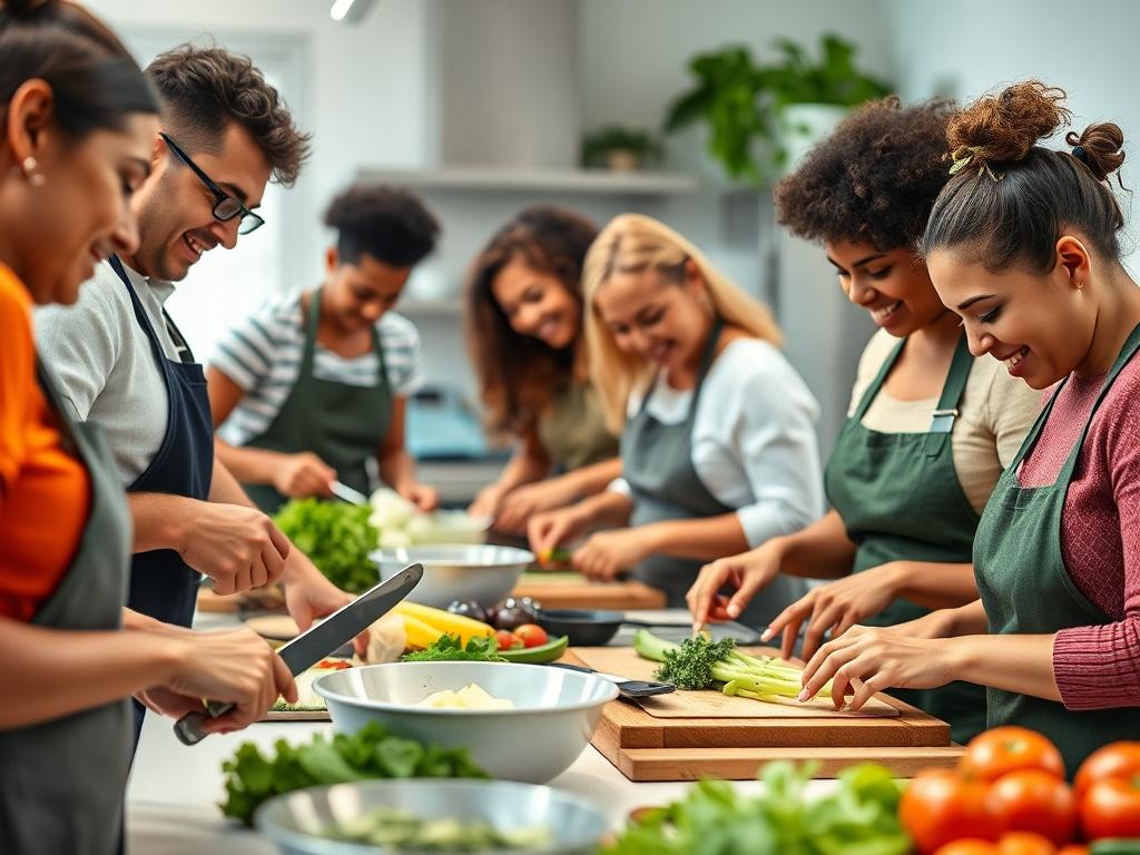 A close-up shot of a cooking class in action, with a diverse group of participants chopping vegetables and preparing healthy meals together. The kitchen is bright and vibrant, showcasing fresh ingredients and cooking utensils. The composition highlights the collaborative atmosphere and the joy of learning through cooking.