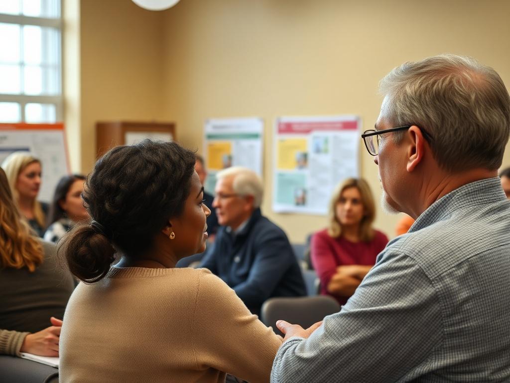 A close-up shot of a health workshop focused on chronic disease prevention, featuring a diverse audience listening intently to an expert presenter. The setting is a well-lit community center with health charts and materials on display. The composition conveys a sense of engagement and commitment to health education.
