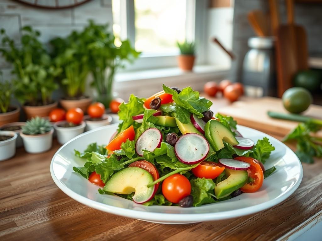 Create a highly detailed, realistic high-resolution photo that reflects the blog titled "The Power of Culinary Medicine." Focus on a single subject: a vibrant, fresh salad being beautifully plated in a rustic kitchen setting. 

The salad should be colorful, featuring a mix of leafy greens, bright cherry tomatoes, crisp cucumbers, radishes, and avocado slices, all artfully arranged on a sleek, white ceramic plate. The scene should capture the essence of health and vitality, showcasing the beauty of fresh ing