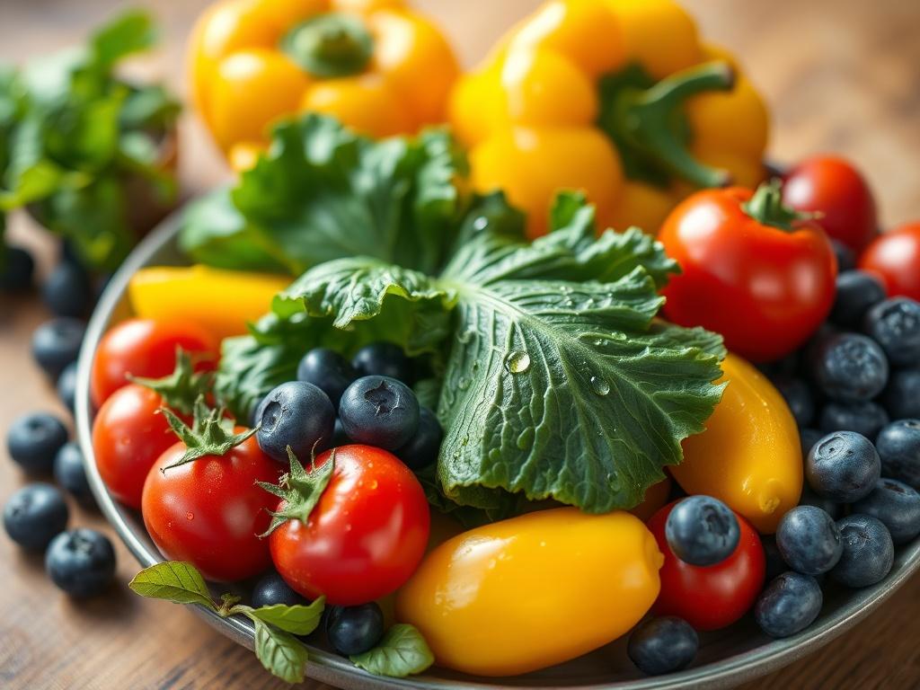 Create a highly detailed, realistic high-resolution photo of a fresh, vibrant plate of colorful, nutrient-rich foods arranged elegantly. The subject should be a close-up shot featuring a variety of fruits and vegetables that are known for their health benefits, such as bright green kale, deep red tomatoes, yellow bell peppers, and blueberries. Each item should look freshly washed and appetizing, showcasing their natural textures with drops of water glistening on the surface.

In the background, use a soft-f