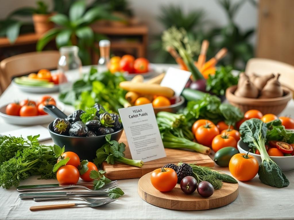 A close-up shot of a beautifully arranged table set for a vegan cooking class. The table is adorned with fresh vegetables, herbs, and colorful fruits, showcasing vibrant natural colors. There are cooking utensils, a cutting board, and recipe cards neatly placed on the table. The background is softly blurred to keep the focus on the table, and the lighting is warm and inviting, creating a cozy atmosphere. The primary color theme incorporates shades of green, reflecting the freshness of the ingredients.