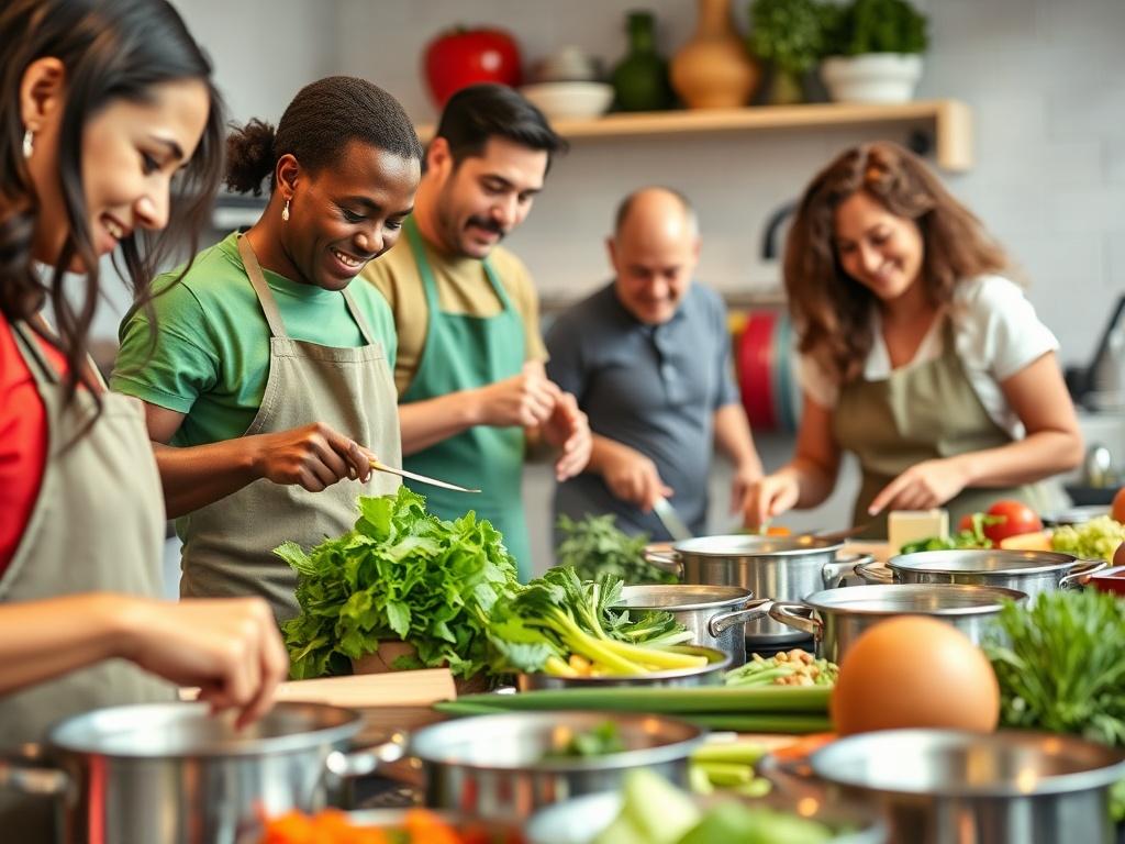 A close-up shot of a vibrant culinary class in action, showcasing a diverse group of participants cooking together. The kitchen is filled with fresh ingredients, pots, and cooking utensils. Participants are focused and engaged, with some chopping vegetables and others mixing ingredients. The atmosphere is lively and educational, reflecting the joy of learning about healthy cooking. The background should highlight the cooking setup while keeping the focus on the group.