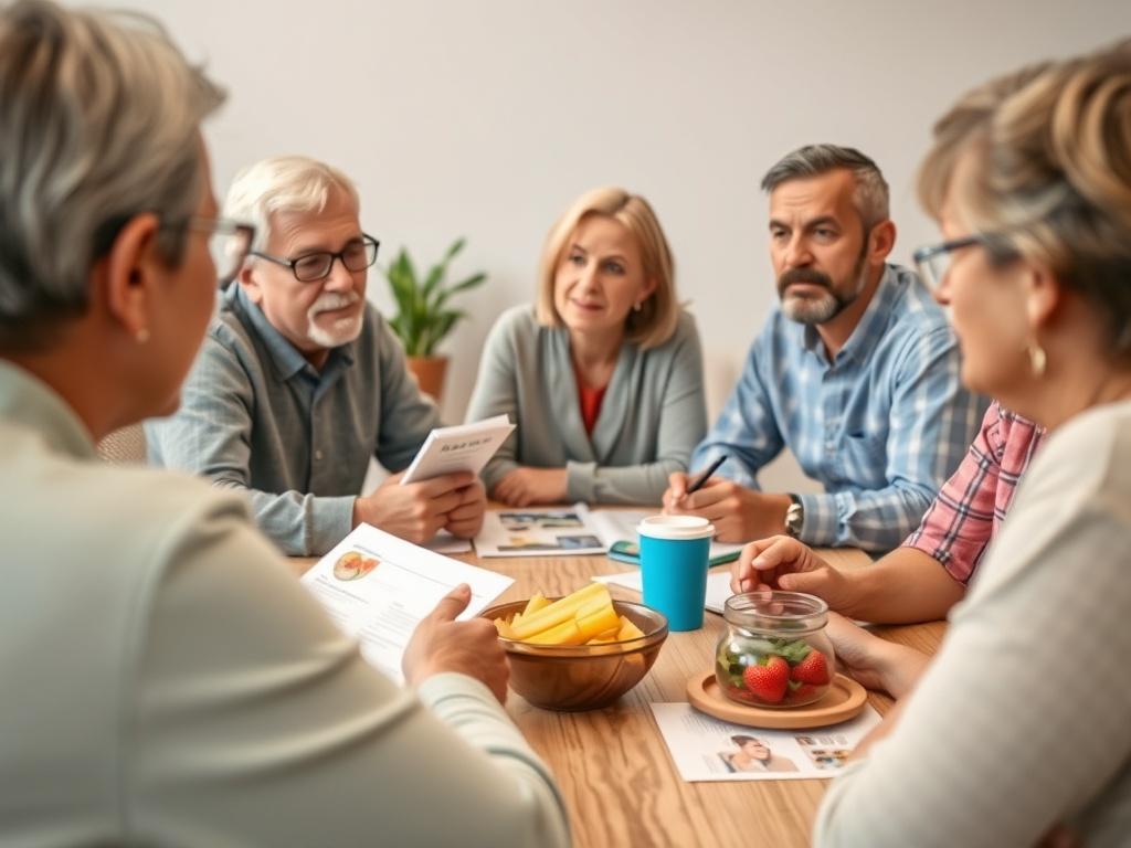A close-up shot of a group session focused on chronic disease prevention. Participants are engaged in discussion, with informational materials and healthy snacks on the table. The setting is warm and inviting, encouraging open conversation and learning. The image captures the essence of community support and education in health management. The background should be simple, ensuring the focus remains on the group interaction.