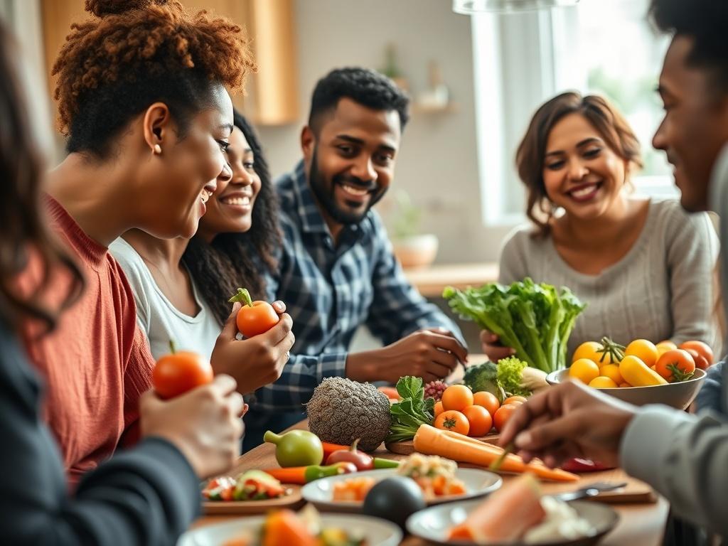 A close-up shot of a diverse group of people enjoying a healthy meal together, showcasing vibrant fruits and vegetables. The composition highlights their smiles and engagement, with a soft-focus background of a well-lit kitchen. Use natural lighting to emphasize the freshness of the food and the warmth of the gathering, shot with a 45mm f/1.2 lens style.