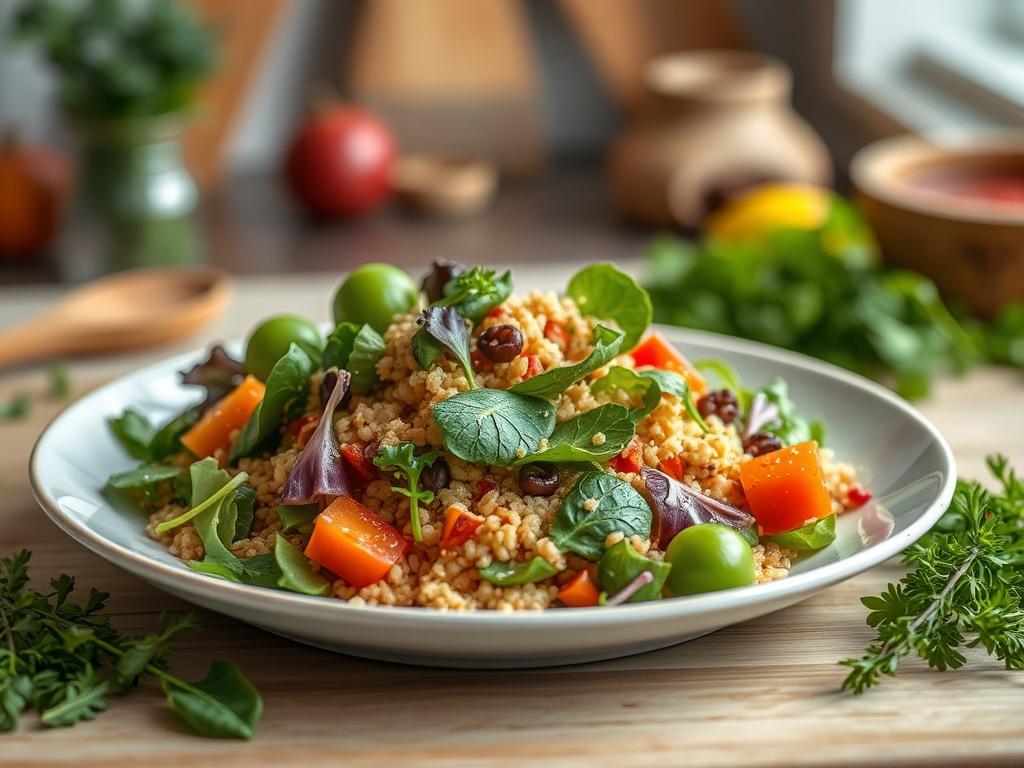 **AI Image Generation Prompt:**

Create a highly detailed, realistic high-resolution photo that reflects the essence of the blog titled "The Power of Culinary Medicine." The image should feature a single, beautifully plated dish that exemplifies the principles of culinary medicine. The dish should include vibrant, fresh ingredients such as leafy greens, colorful vegetables, and whole grains, arranged artistically to highlight their nutritional value.

The composition should be simple and clear, focusing sol