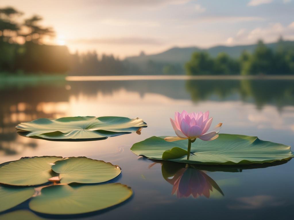 A serene landscape featuring a tranquil lake surrounded by lush