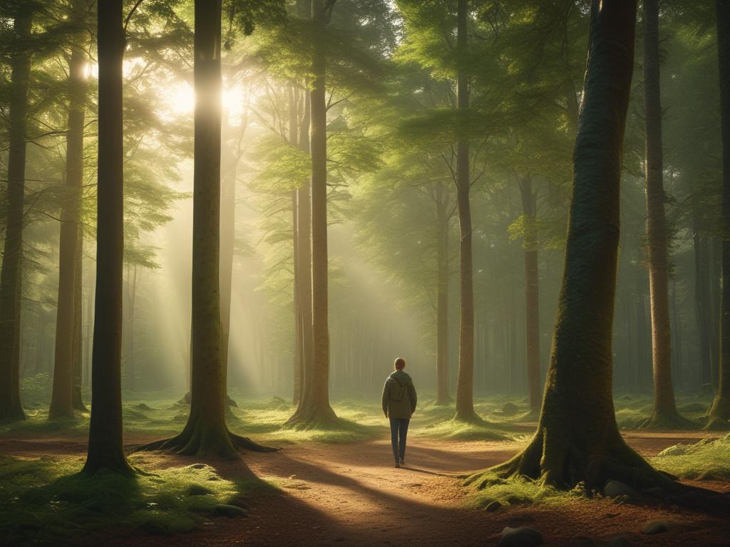 A tranquil forest scene with sunlight filtering through the trees,