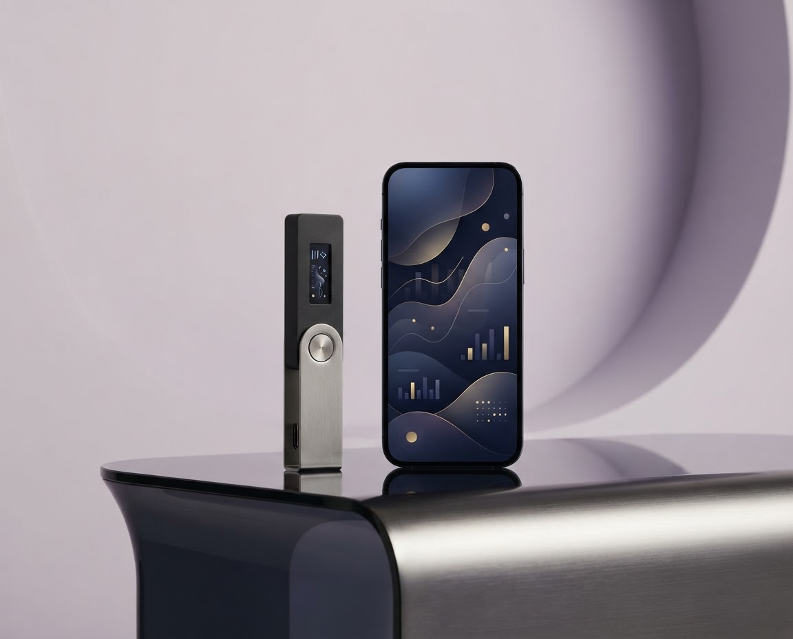 A Ledger hardware wallet beside a phone with a crypto portfolio