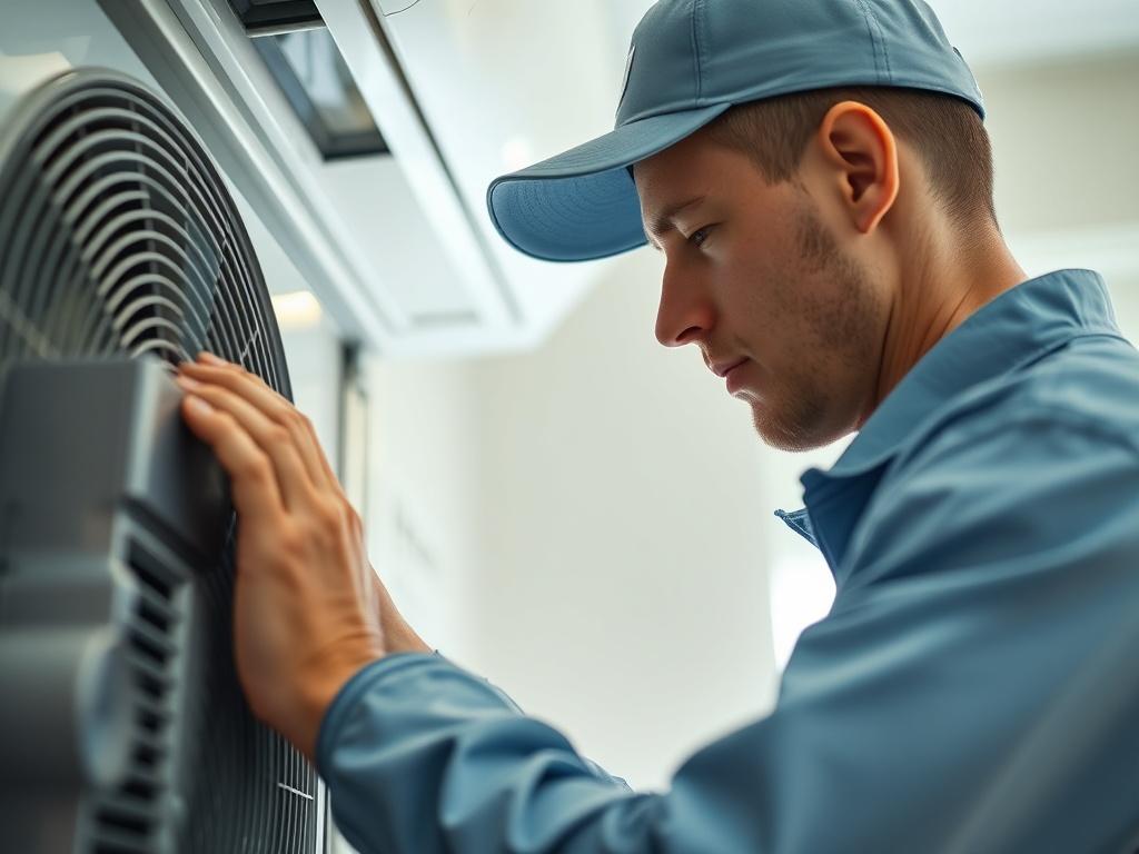 A hyper-realistic close-up shot of a professional HVAC technician in a clean uniform, focused on cleaning an air conditioning unit. The technician is carefully inspecting the internal components, highlighting their dedication to quality service. The background is softly blurred, showcasing a well-lit indoor environment, emphasizing cleanliness and professionalism. The image should evoke trust and expertise in HVAC cleaning services.