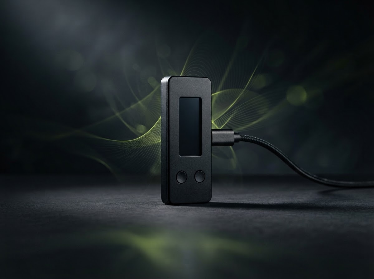 Matte black hardware wallet with a display, lit against a dark background