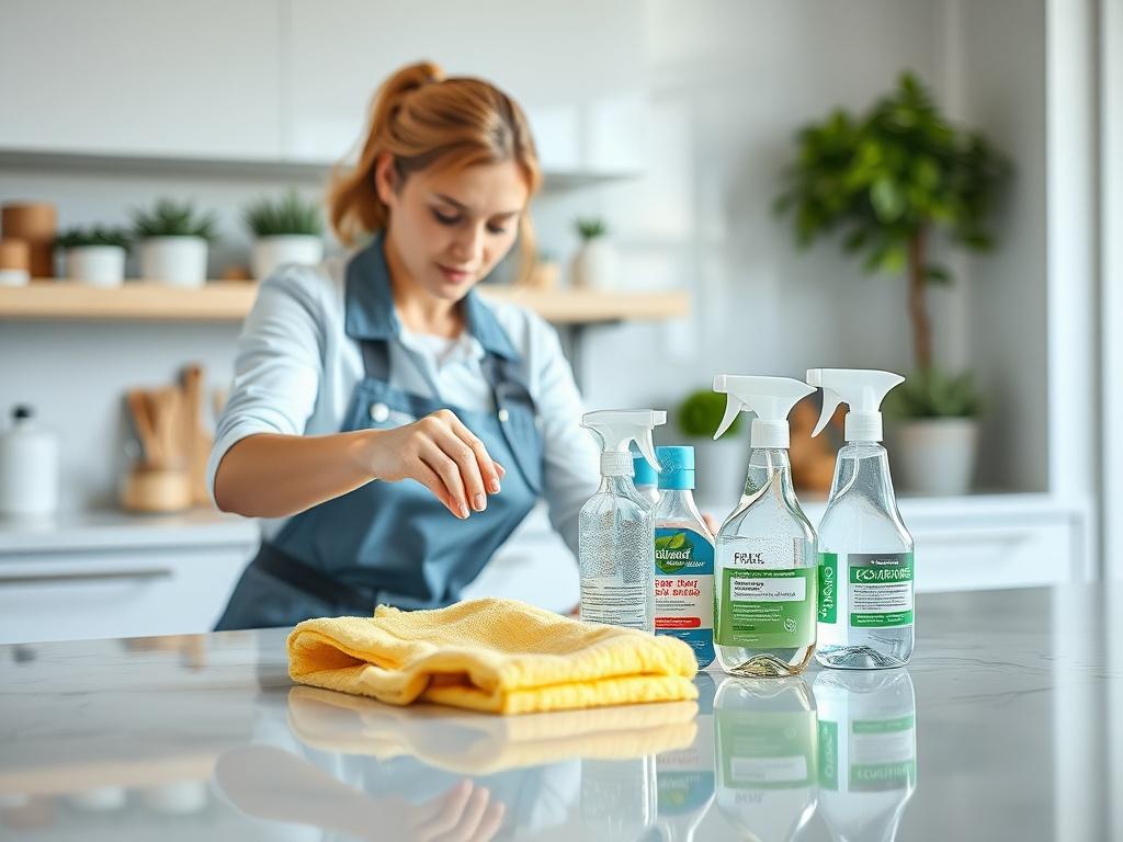A close-up shot of a cleaning professional using eco-friendly cleaning products on a sparkling countertop in a bright, modern kitchen. The background features clean and organized kitchen elements, showcasing a fresh and pristine environment.