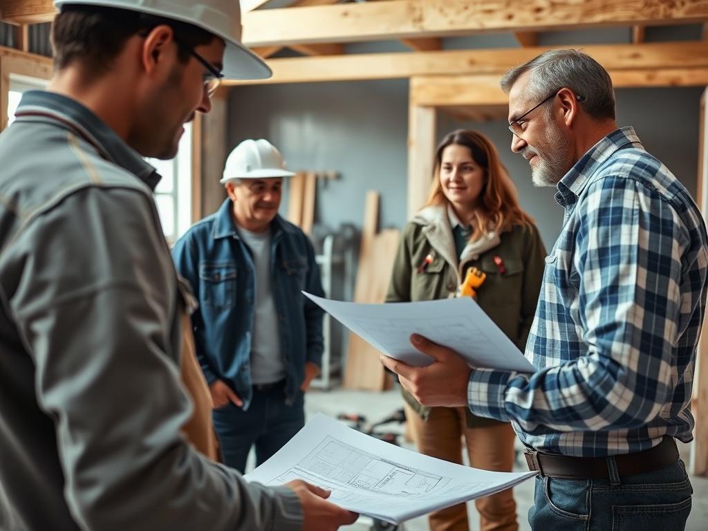A close-up shot of a contractor discussing remodeling plans with a homeowner at a construction site, surrounded by building materials and blueprints. The background shows an ongoing renovation project, with tools and equipment neatly organized.