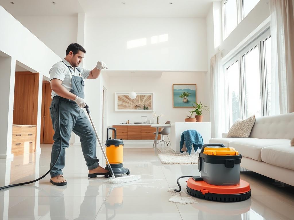 A detailed shot of a professional cleaner using advanced cleaning equipment to clean a newly constructed home. The image captures the cleaner in action, showing the pristine surfaces and bright, open spaces that reflect a fresh, clean environment.