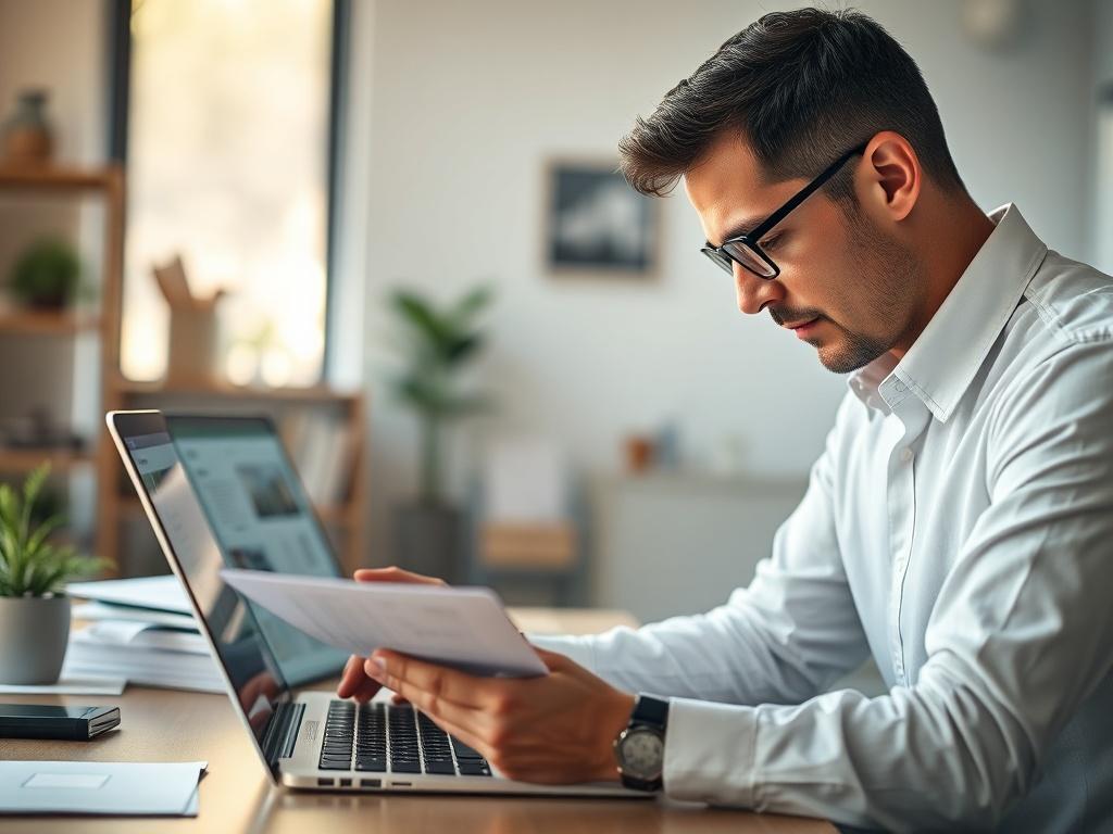 A hyper-realistic close-up shot of a professional property manager reviewing property documents in an office setting. The manager is focused and engaged, surrounded by neatly organized files and a laptop displaying property management software. The background is softly blurred to emphasize the subject, with natural light illuminating the workspace, creating a warm and inviting atmosphere.