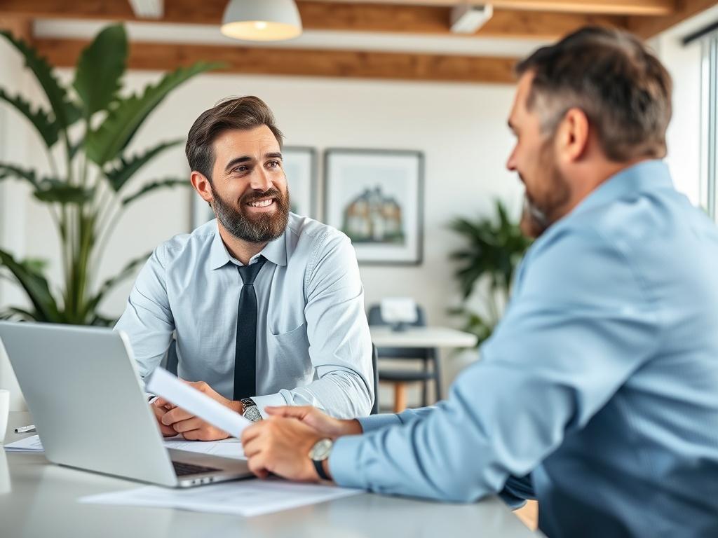 A high-resolution close-up shot of a professional property manager discussing with a client in a bright, well-decorated office. The focus is on the manager, who is looking engaged and confident, with a laptop and property documents on the table. The background features a modern office setting with plants and natural light, emphasizing professionalism and approachability.