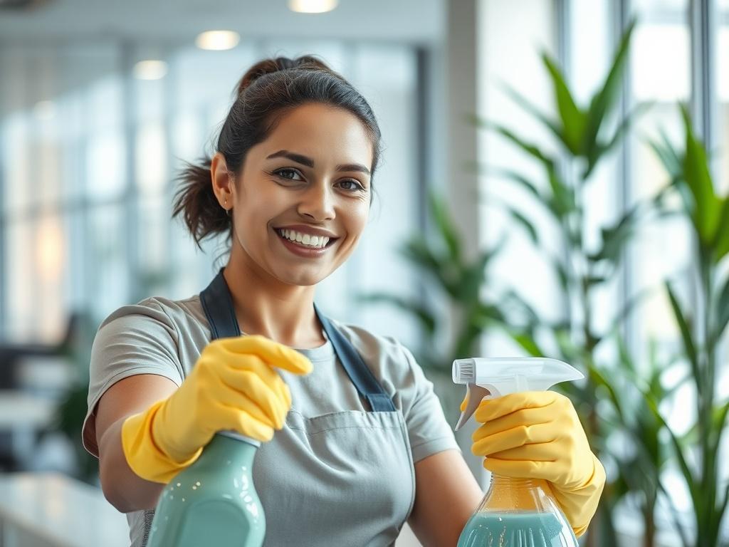 A close-up shot of a professional cleaner in action, using eco-friendly cleaning supplies, with sparkling surfaces in the background. The cleaner is wearing a uniform and gloves, showcasing a bright smile, highlighting a sense of satisfaction and professionalism. The setting features a well-lit, modern interior with plants in the background, creating a fresh and inviting atmosphere.