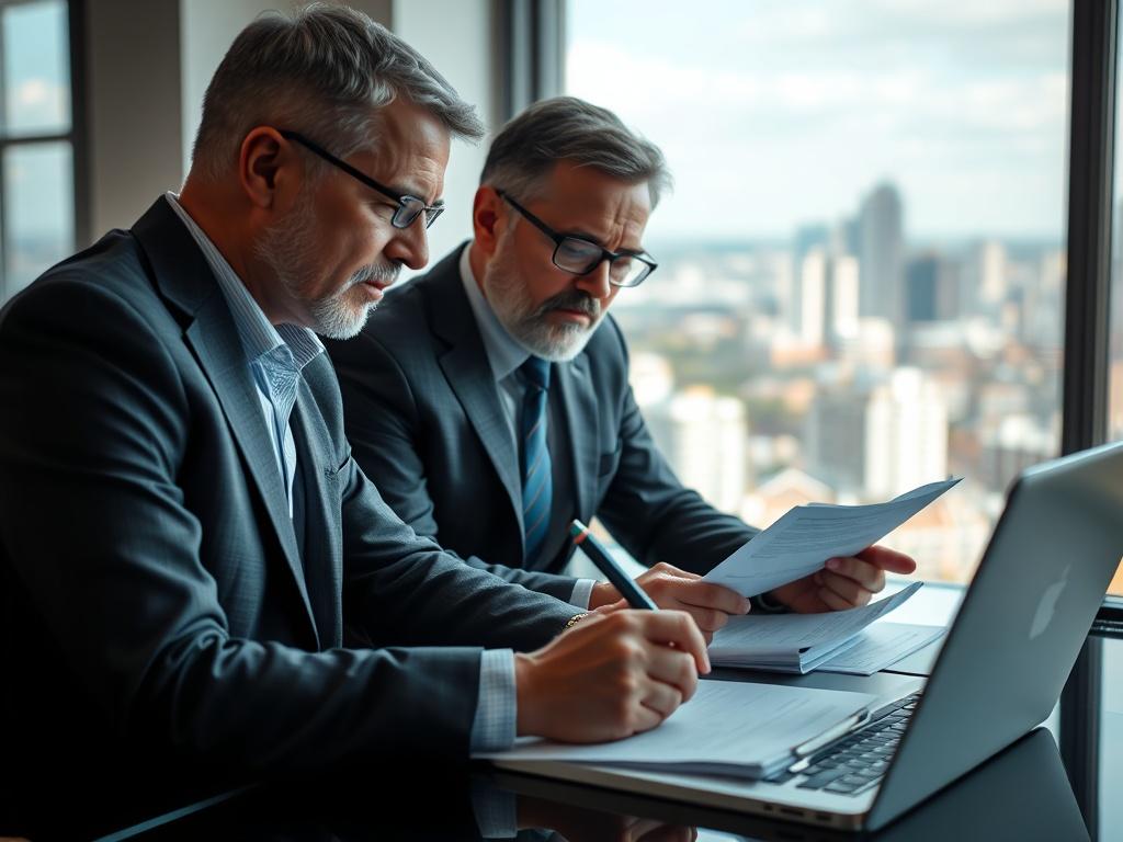 A close-up shot of a property management consultant engaged in a discussion with a property owner, surrounded by documents and a laptop. The setting is a professional office environment, with a large window showing a view of a cityscape. The consultant is making notes, showcasing a focused and engaged demeanor, emphasizing trust and expertise.
