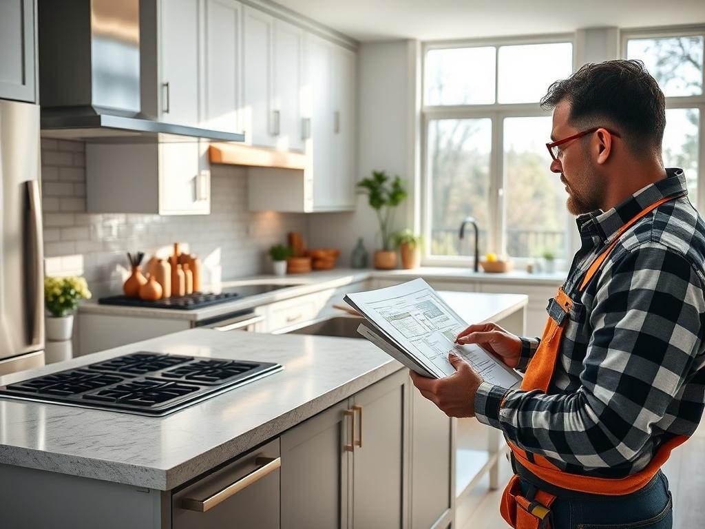 A close-up shot of a beautifully remodeled kitchen with modern appliances and elegant finishes. The kitchen features natural light flooding in from large windows, highlighting the open space and contemporary design. A contractor is reviewing plans on a tablet, showcasing a focus on quality and attention to detail in the remodeling process.