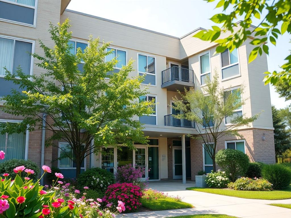 A welcoming exterior view of an apartment building, surrounded by