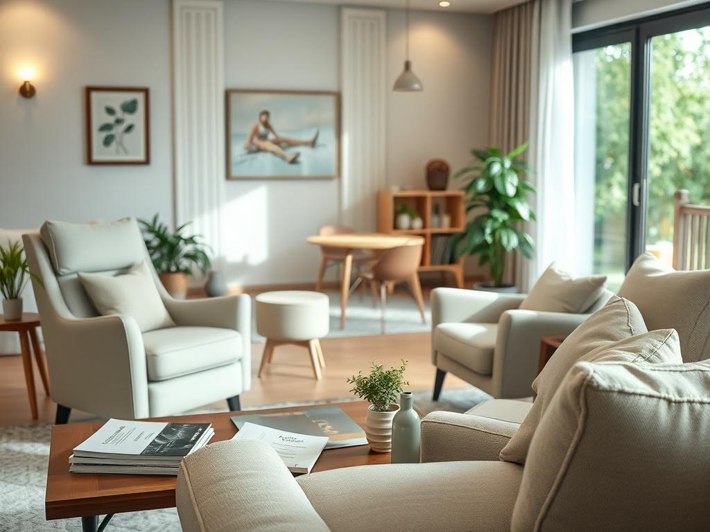 A serene rehab accommodation featuring a spacious living room with