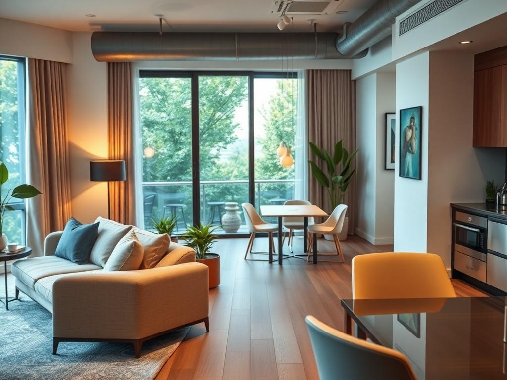 A beautifully furnished corporate apartment featuring a cozy living area