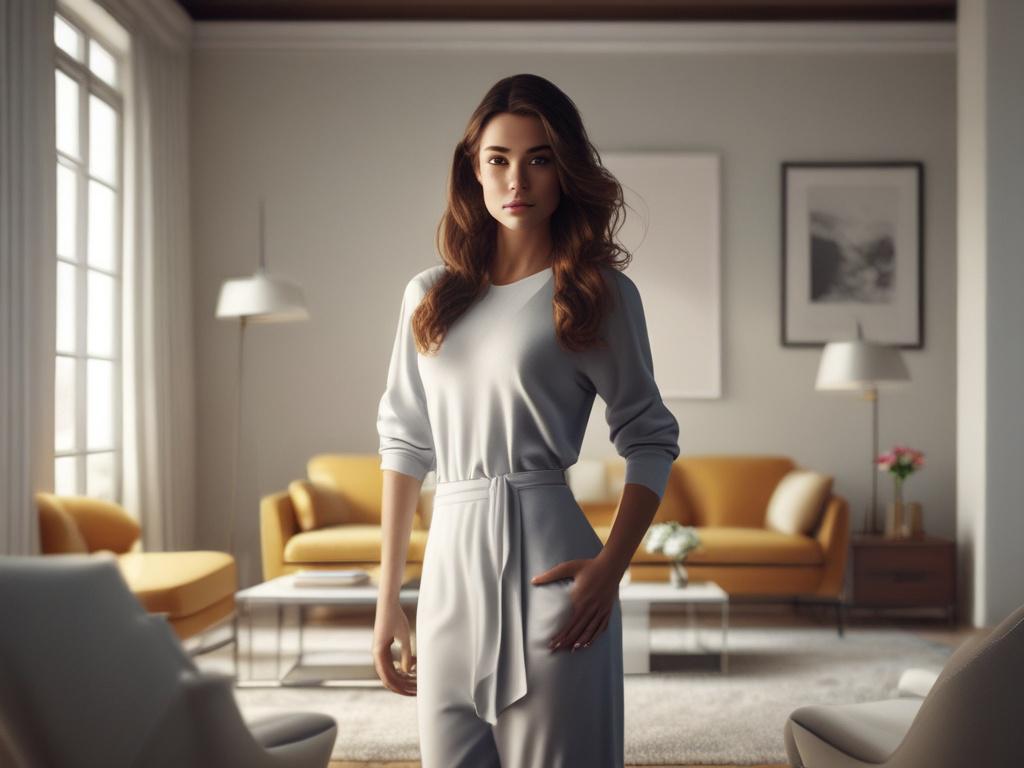 A strikingly beautiful young woman with an elegant demeanor, standing
