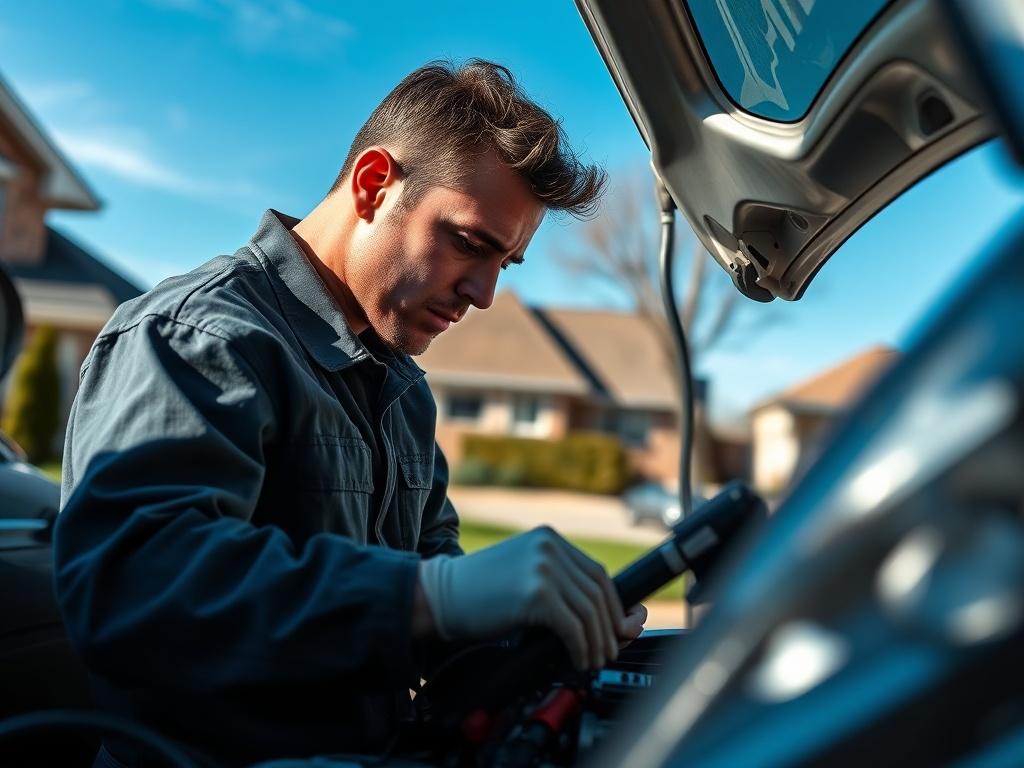 A professional mechanic working on a car in a driveway,