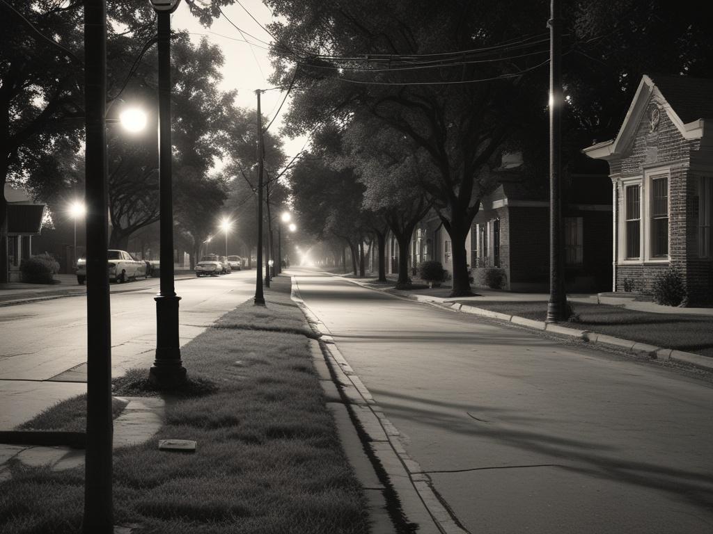 A realistic black and white photo of a vintage 1970s Dallas neighborhood street, empty and quiet, with a single street lamp casting a soft glow. The composition is simple with a central focus on a modest house, evoking a sense of history and mystery, compatible with the #1C6220 green tone.