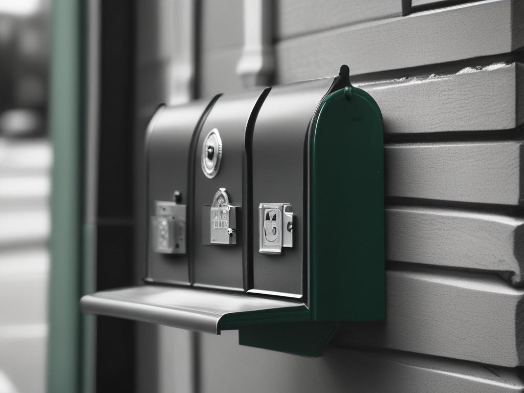 A realistic black and white photo of a secure mailbox with a locked slot, photographed in soft focus with a plain background. The composition highlights security and trust, harmonizing with the #1C6220 green color scheme.