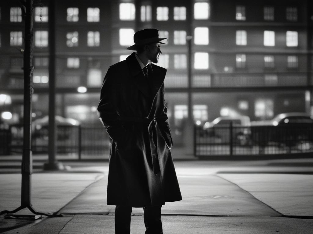 A realistic black and white high-resolution photo of a single figure standing thoughtfully at a crime scene at night, with a blurred urban Dallas background. The figure is silhouetted, facing slightly to the side, wearing a 1970s style coat. The scene is moody and evocative, with subtle greenish hues (#1C6220) subtly tinted in the shadows, creating a clean and somber atmosphere.