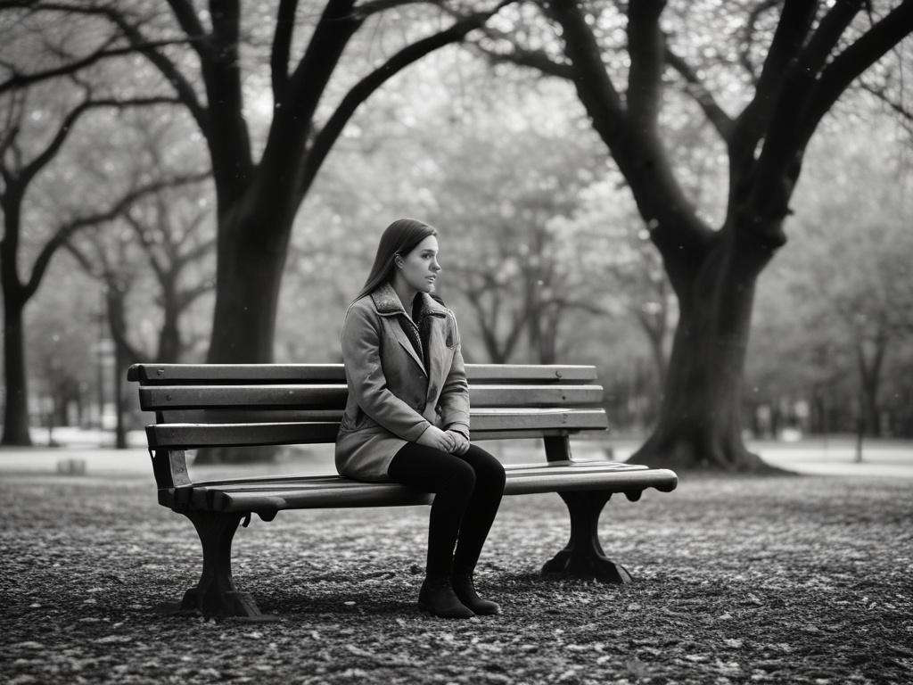 A realistic black and white high-resolution photo of a serene, contemplative woman sitting alone on a park bench, reflecting the somber mood of a cold case. The background is a quiet, leafy park with soft light filtering through the trees. The composition is simple and clear, focusing on the woman as the sole subject, embodying remembrance and hope. The image should complement a #1C6220 green tone theme.