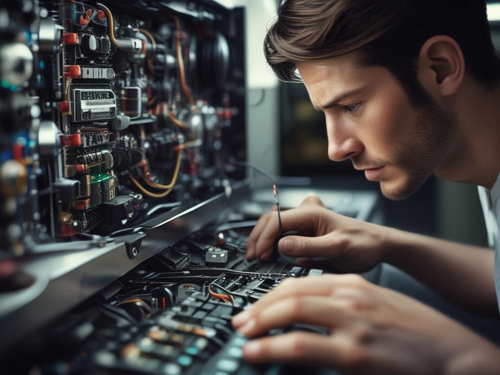 close up shot of a technician repairing a computer, hyper