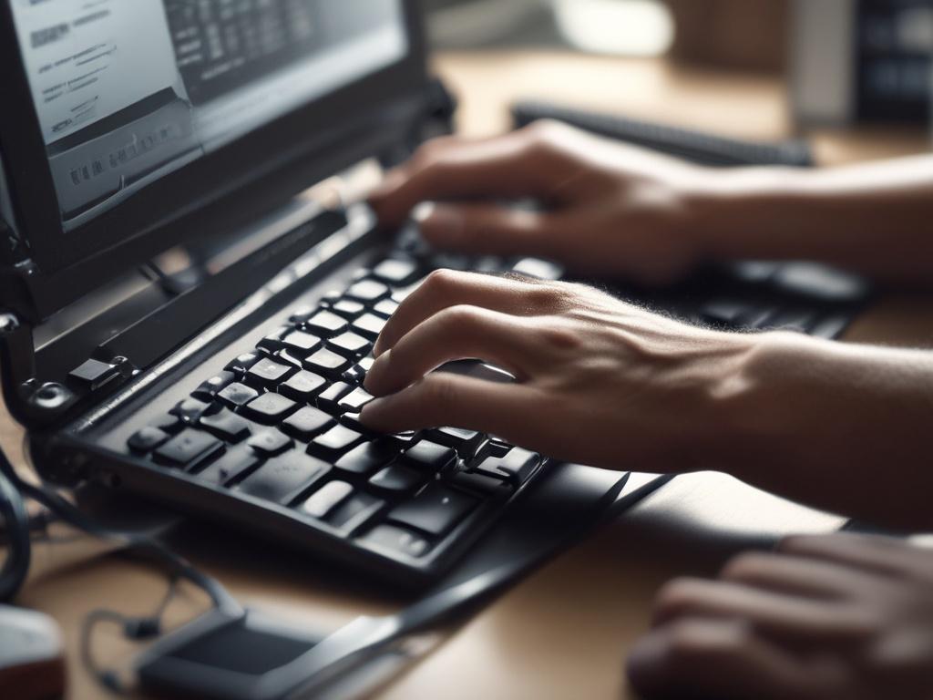Create a hyper-realistic, high-resolution close-up photo of a skilled technician’s hands carefully repairing a sleek laptop keyboard. The image is shot with a 45mm f/1.2 lens style, showcasing sharp focus on the delicate tools and laptop components, while the background softly blurs into a clean, minimalist workspace with subtle hints of green lighting reflecting the rgb(50, 170, 39) primary color tone. The composition is simple and clear, featuring only the laptop and the technician’s hands, emphasizing pr