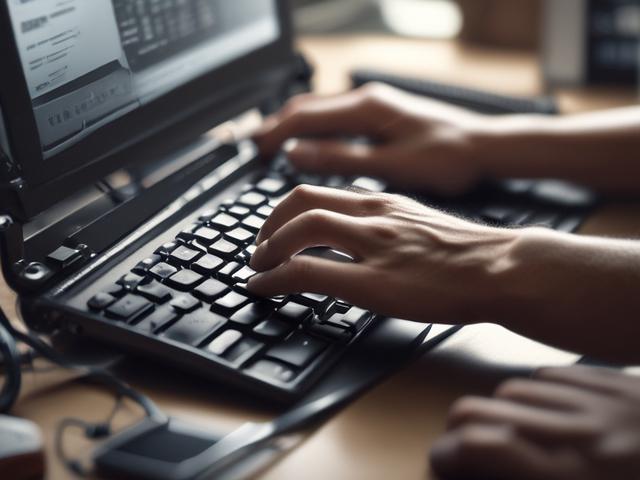 Create a hyper-realistic, high-resolution close-up photo of a skilled technician’s hands carefully repairing a sleek laptop keyboard. The image is shot with a 45mm f/1.2 lens style, showcasing sharp focus on the delicate tools and laptop components, while the background softly blurs into a clean, minimalist workspace with subtle hints of green lighting reflecting the rgb(50, 170, 39) primary color tone. The composition is simple and clear, featuring only the laptop and the technician’s hands, emphasizing precision and expertise. The scene evokes the idea of professional laptop repair work that maximizes performance and extends the life of London-used laptops, highlighting common maintenance tasks such as keyboard replacement or internal cleaning, to keep devices running smoothly and efficiently.