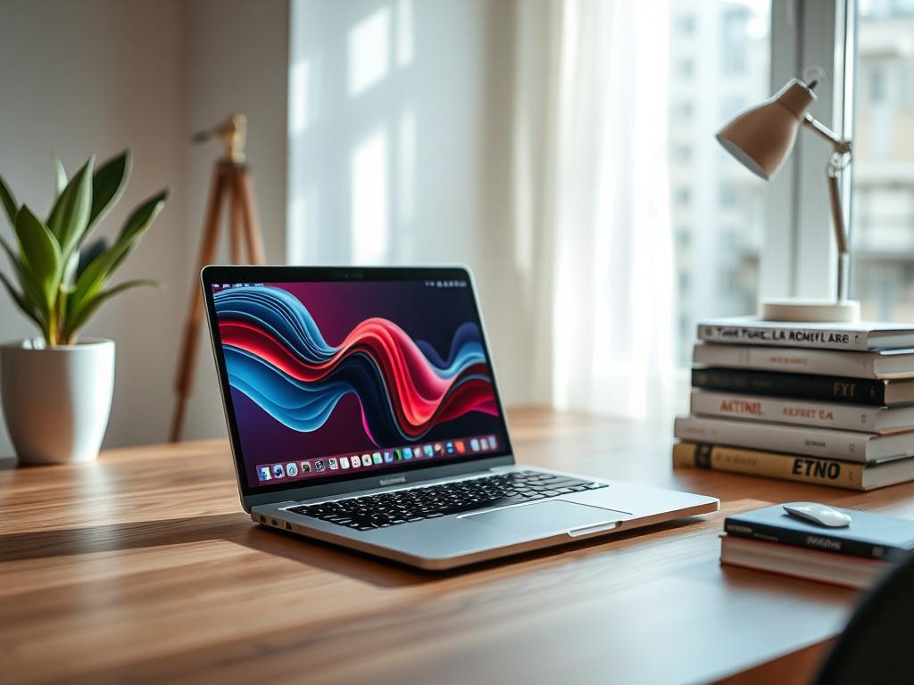 **AI Image Generation Prompt:**

Create a hyper-realistic high-resolution image that embodies the essence of a computer home company. The composition should feature a sleek, modern laptop as the sole subject, positioned prominently on a clean, minimalist wooden desk. The laptop should be open, displaying a vibrant desktop background that reflects technology and innovation. 

The setting should suggest a cozy yet professional home office environment. In the background, include softly blurred elements like a 