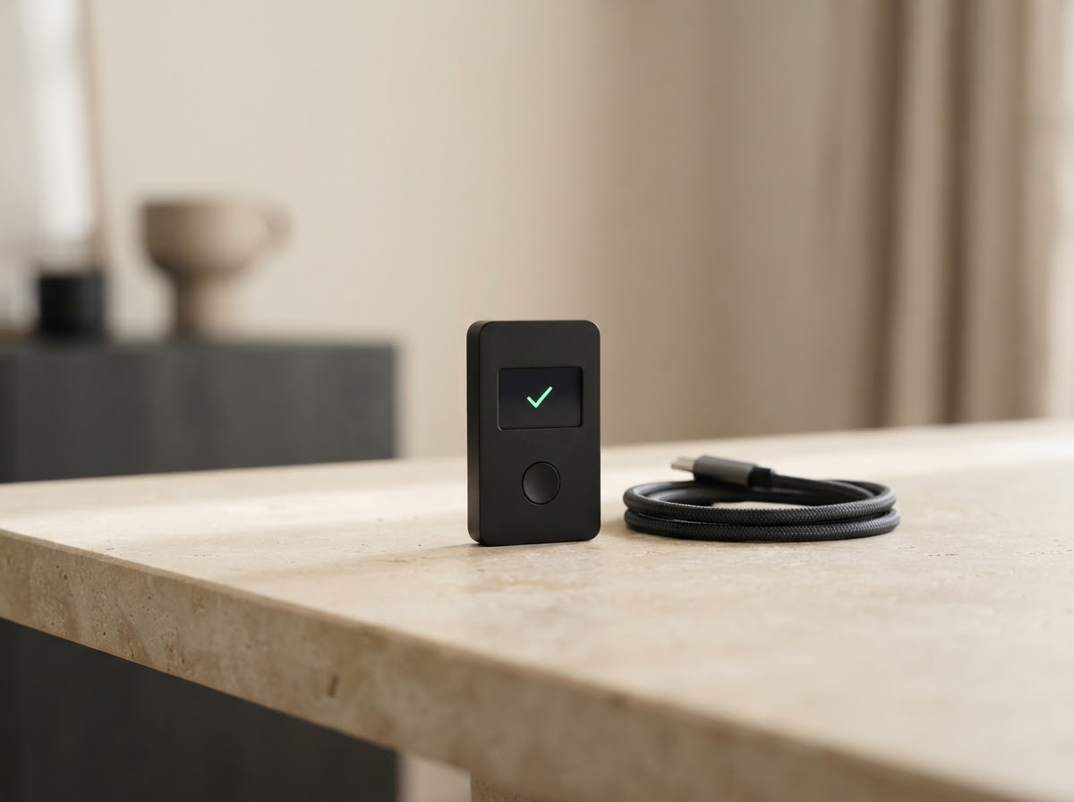 A compact black hardware wallet with a green check on its screen beside a USB-C cable