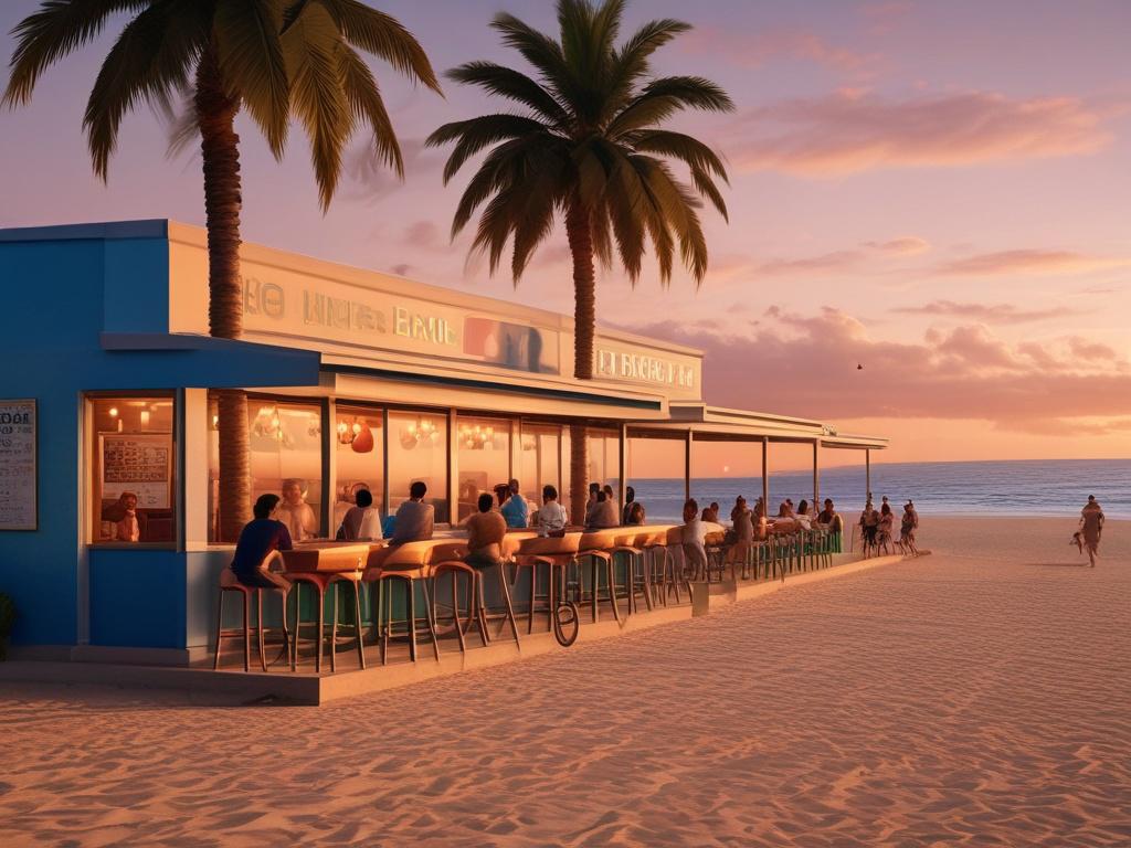 A vibrant beach bar scene at sunset in Peniche, Portugal. The image features a lively beach bar with people enjoying drinks and socializing, palm trees swaying gently in the breeze, and a stunning sunset casting warm, golden hues over the scene. The composition is clear and inviting, focusing on the joyful atmosphere of a beach party. The background shows the ocean waves gently lapping at the shore, creating a relaxing ambiance.