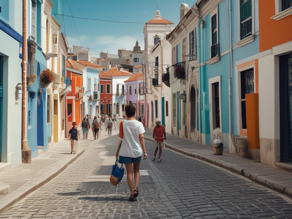 Create a realistic high-resolution photo that captures the essence of a walking tour during the Festa da Senhora da Boa Viagem in Peniche, Portugal. The image should feature a single, enthusiastic local guide in traditional attire, leading a small group of diverse tourists through a vibrant, bustling street filled with colorful decorations and festive banners for the celebration. 

The background should showcase the stunning coastal landscape of Peniche, highlighting its rugged cliffs and the sparkling blue