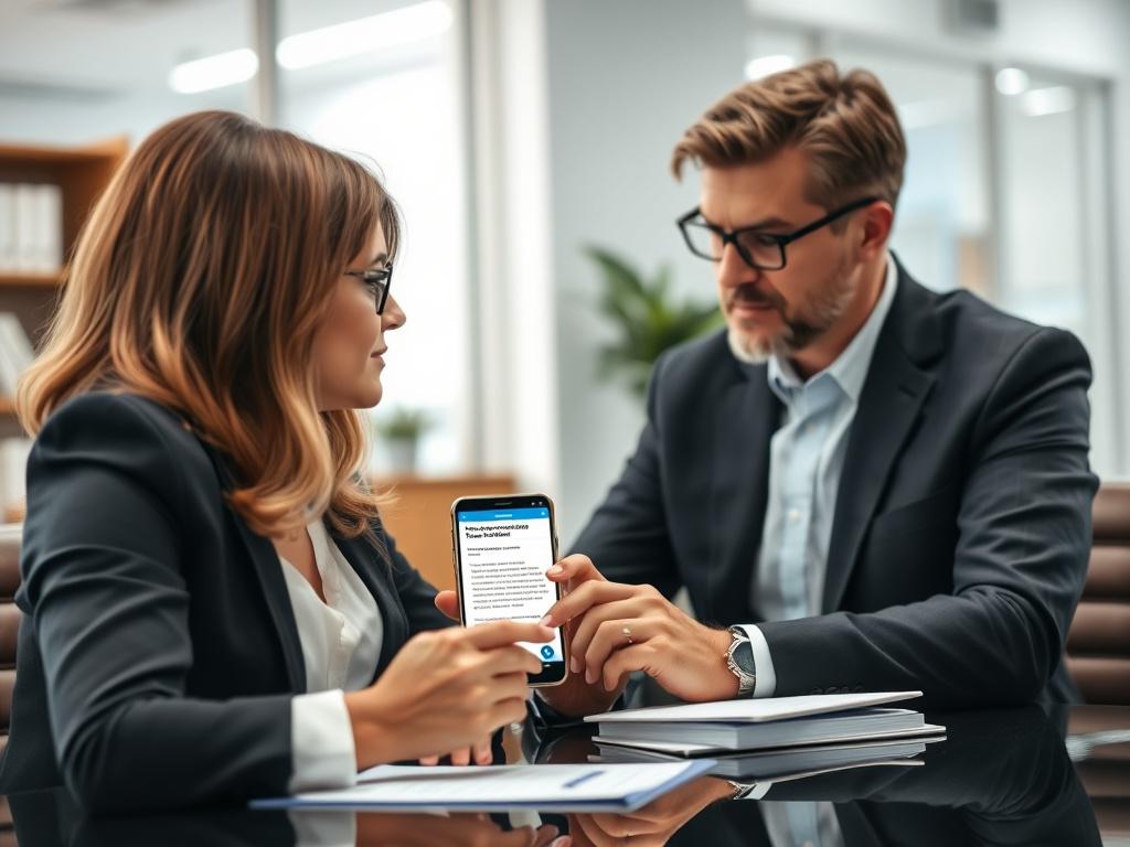 A hyper-realistic image of a notary public interacting with a client in a sleek office setting, showcasing a mobile device displaying the new service subpages.