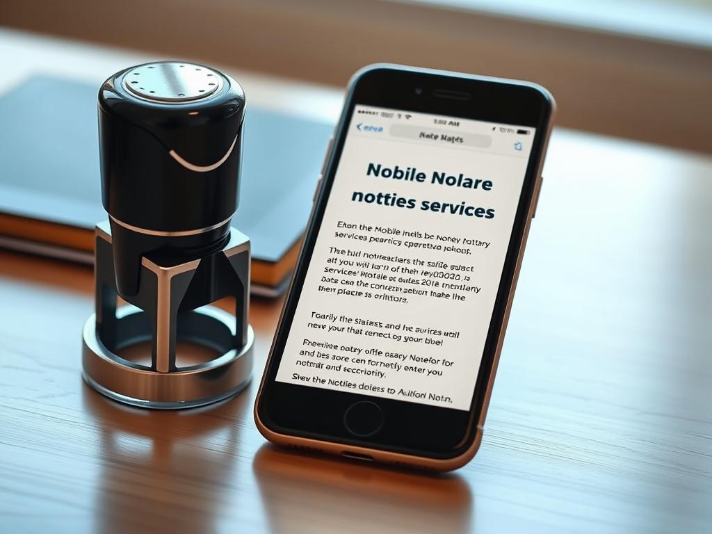 A close-up shot of a notary stamp next to a smartphone displaying the new Mobile Notary Services subpages, with natural light illuminating the scene.